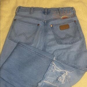 Wrangler Blue Flare Wide Leg Jeans with Distressed Look High rise